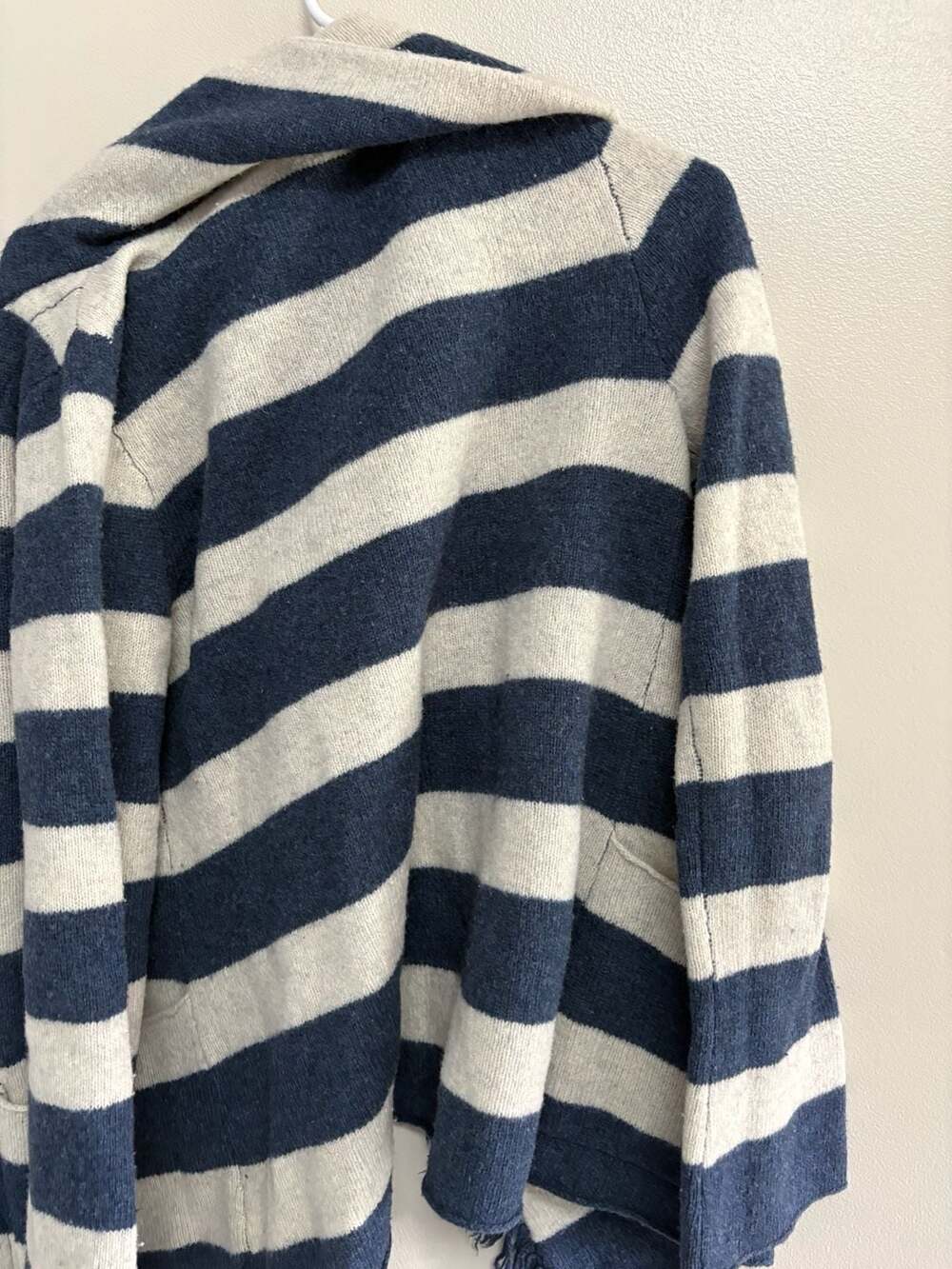 Free People Lambswool Striped Fringe Cardigan Navy Gray Open Front - Picture 5 of 5